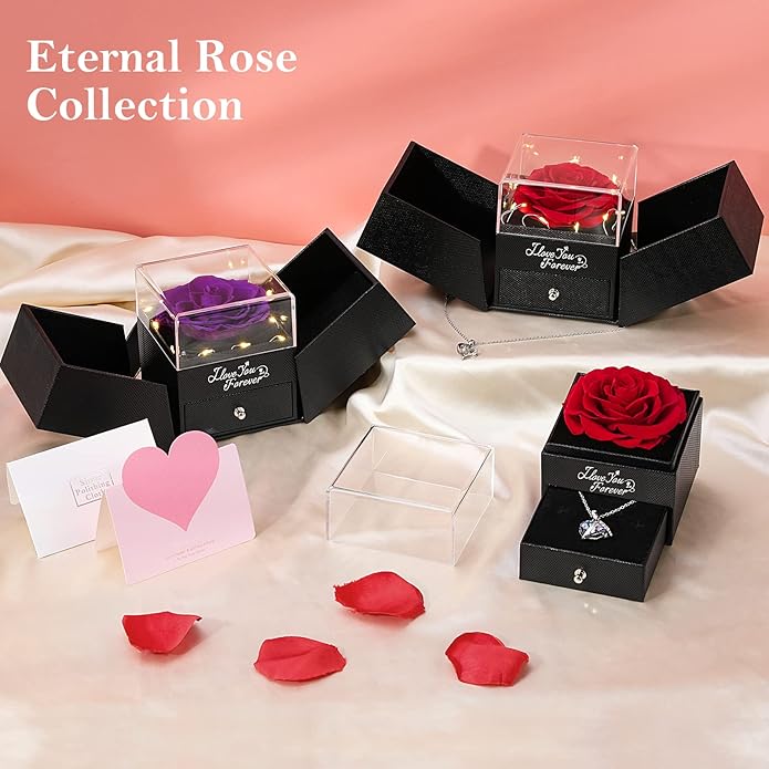 Emibele Preserved Rose Gifts for Women, Eternal Flower Rose Box with Heart Necklace, Romantic I Love You Gifts for Women Her Wife Mom Grandma on Valentines Mothers Day Birthday Anniversary