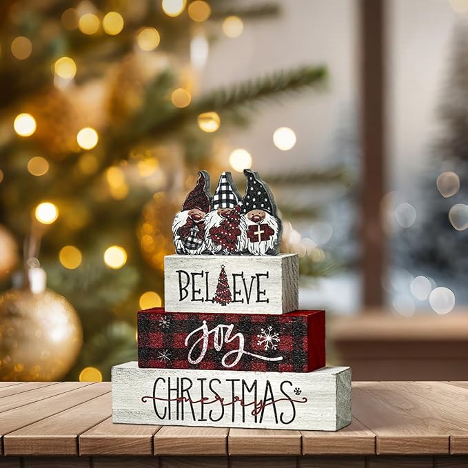 Smile 4 Pcs Christmas Indoor Decoration Wooden Sign, Tabletop Decor Gnome Believe Joy Christmas, Ornaments for Home Shelf Mantel Fireplace.