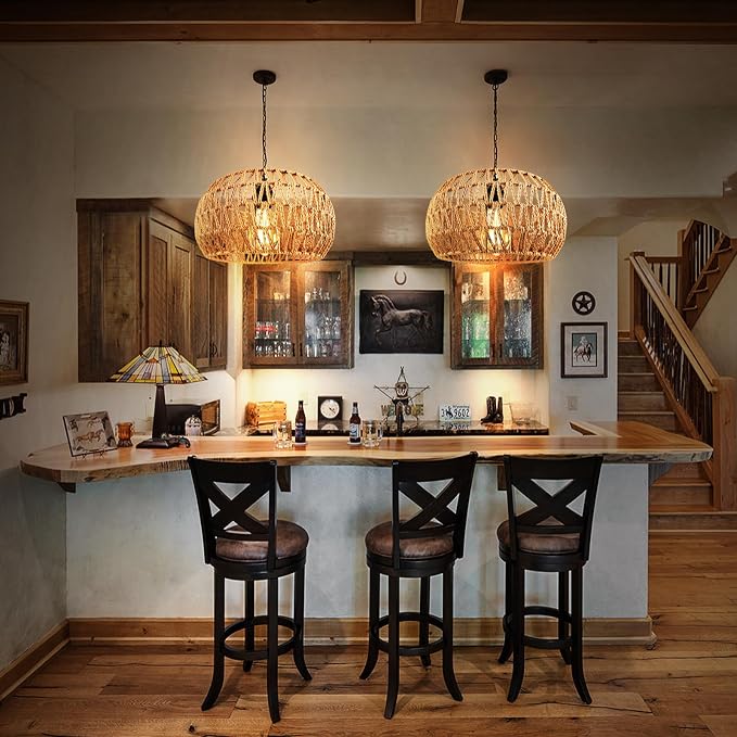 11.8" Rattan Pendant Light, 1-Light Boho Rattan Chandelier Light Fixture, Small Hand Woven Pendant Lighting for Kitchen Island, Living Room, Bedroom, Hallway, Foyer