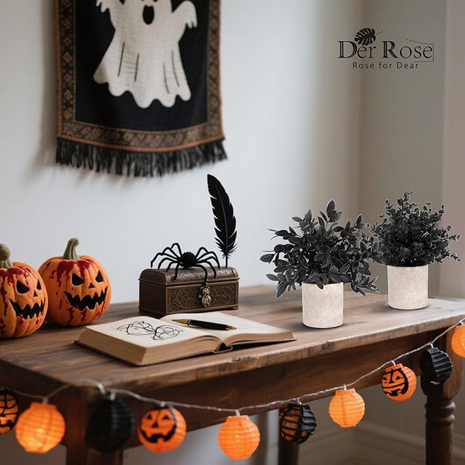 Der Rose 3 Pack Black Fake Plants Artificial Plants Plastic Eucalyptus for Bathroom Home Office Desk Farmhouse Room Table Black Christmas Decorations Gothic Decor Indoor