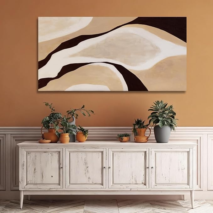 Dolidoteart Beige Brown White Black Canvas Wall Art, Large Neutral Abstract Wall Art Print for Bedroom, Modern Horizontal Wall Decor for Living Room, 24x48 Inch
