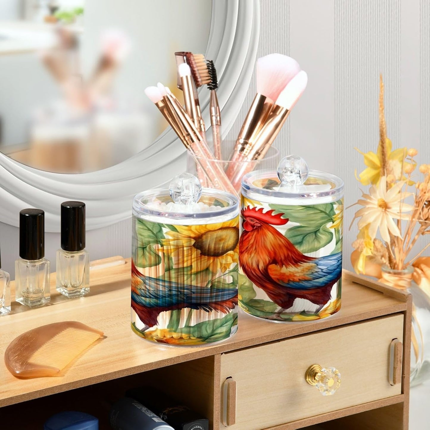 Sunflower Rooster 2PC Airtight Transparent Plastic Storage Jar, Food Storage Container Glass, Can Store Candy, Salt, Coffee Beans, With lid, Easy To Use