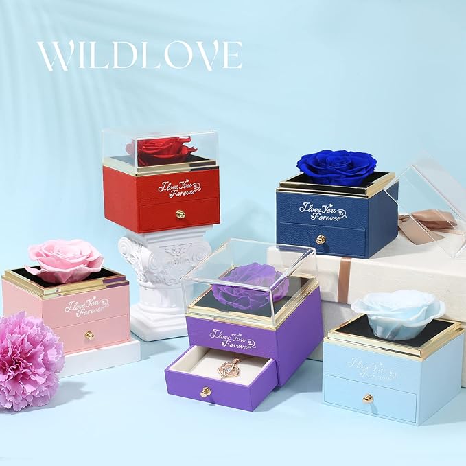 WILDLOVE Forever Blue Rose with Heart Necklace, Preserved Flowers Gifts for Mom, Wife and Girlfriend on Christmas, Mother's Day, Anniversary, Birthday Gifts for Women, I Love You Gifts for Her