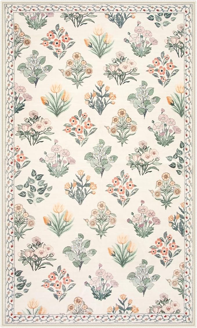 Wonnitar Floral Machine Washable 3x5 Rug, Small Area Rug for Kids Bedroom Nursery, Ultra-Thin Non Slip Soft Moroccan Throw Carpet for Dorm Living Room Large Entryway, Cream Beige
