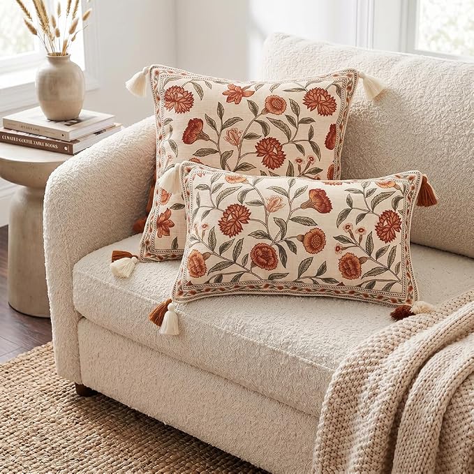 ISAENNE French Linen Rectangle Throw Pillow Cover,Set of 2,20"x12"-Albano A | Designer Vintage Pillow Cover,Concealed Zipper Design,Orange Floral Pattern,Sofa,Bedroom,Living Room,Lounge Chairs