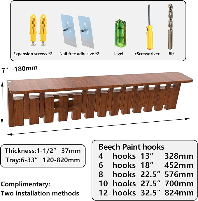 Wall Mounted Coat RackHooks Piano Key Hangers Natural Solid Wood Hanger Non-Woven Fabric Clothes Hangers for Closet, Kitchen, Bedroom, Bathroom, Entryway (Tray Walnut-Beech, 6 Hooks)