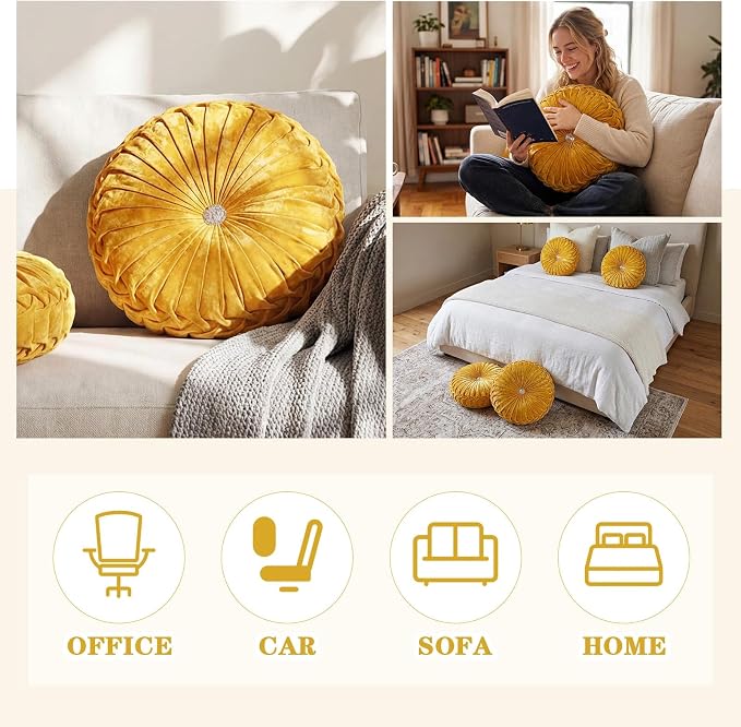 Drydiet 1 Pcs Round Throw Velvet Pillows Decorative Pleated Throw Pillows Diameter Accent Pumpkin Boho Chair Cushion for Couch Sofa Home Decoration (Velvet Gold,15'')