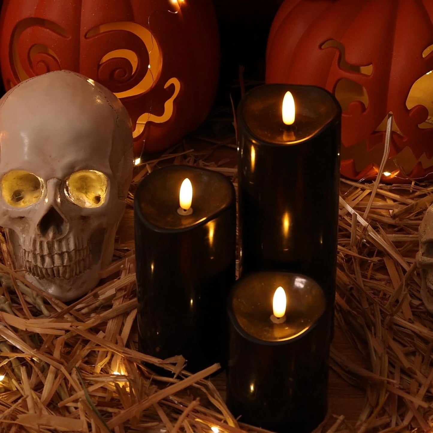 Outdoor Flameless Candles with Remote Timer - Waterproof Realistic Flickering LED Pillar Electric Battery Operated Fake Candle for Home Halloween Christmas Party Decor - 3 Pack Black (D3”H4”6”8”)