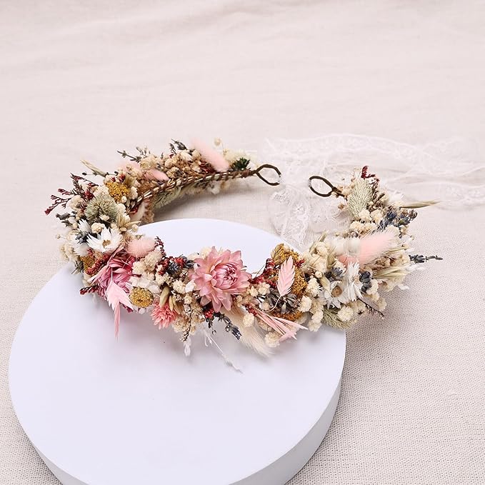 Handcrafted Dried Flower Crown, Natural Preserved Daisy Wreath Headband in Cream and Pink, Rustic Wedding Hair Garland for Kids and Flower Girls