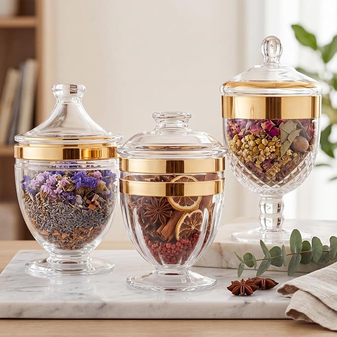 3 Pcs Apothecary Jar with Lid Decorative Crystal Candy Jar for Candy Buffet Bathroom Storage Canisters Wedding Organization Canisters for Home