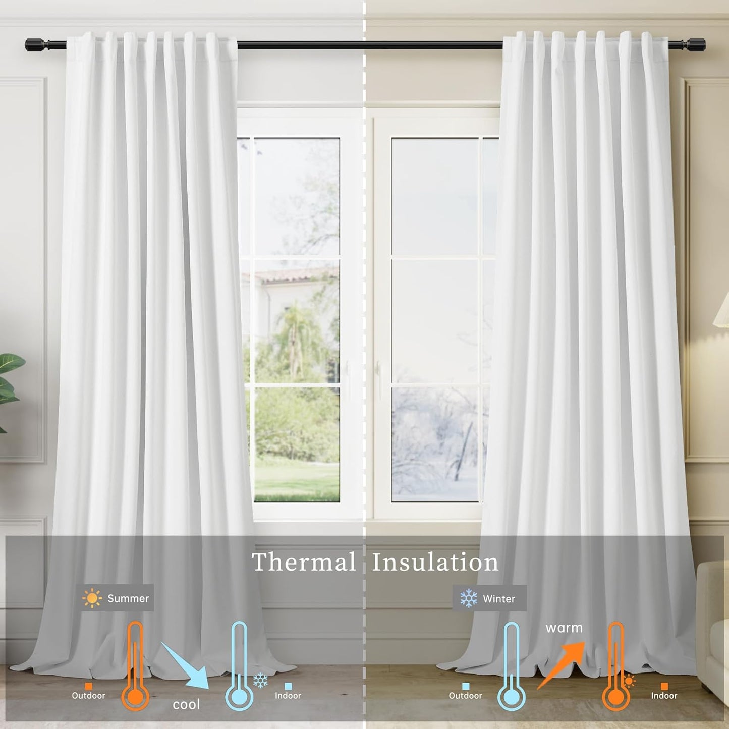 White Linen Black Out Curtains for Ceiling Living Room 120 Inches 2 Panels Set Extra Long Blackout Curtains Back Tab Hook Belt Thermal Insulated Heat Blocking Drapes for Large French Window Doors