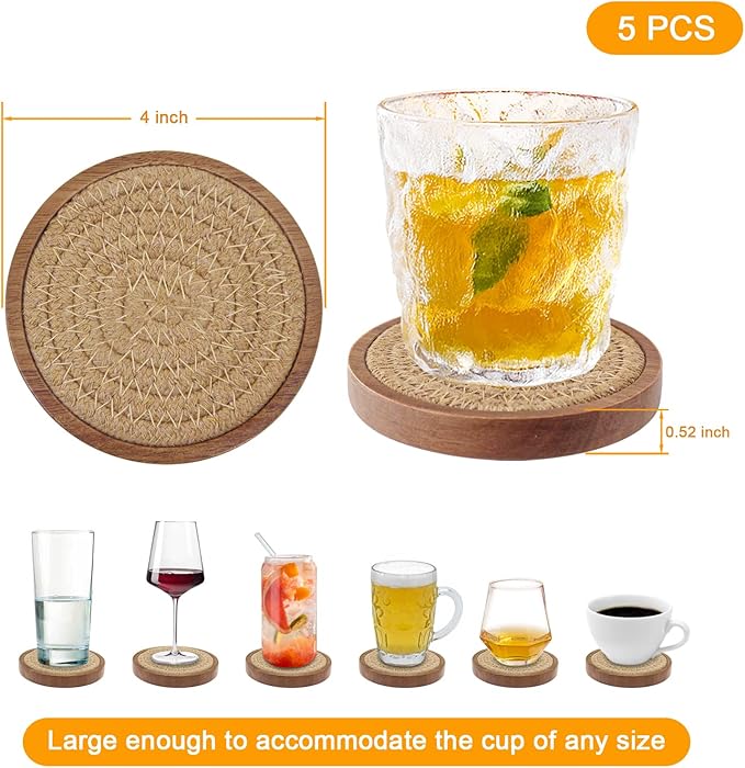 Eykao Coasters for Drinks Absorbent Sets of 5, Woven Coasters with Holder, Housewarming Gift for Farmhouse Home Decor, 4 inches
