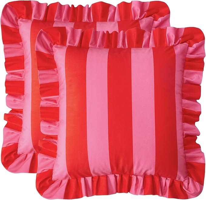 MONDAY MOOSE Decorative Throw Pillow Covers, Set of 2 Water-Resistant Striped Design with Ruffle Edge for Outdoor/Indoor Use, Pillow Inserts Not Included (18x18 inch, Hot Pink/Red)