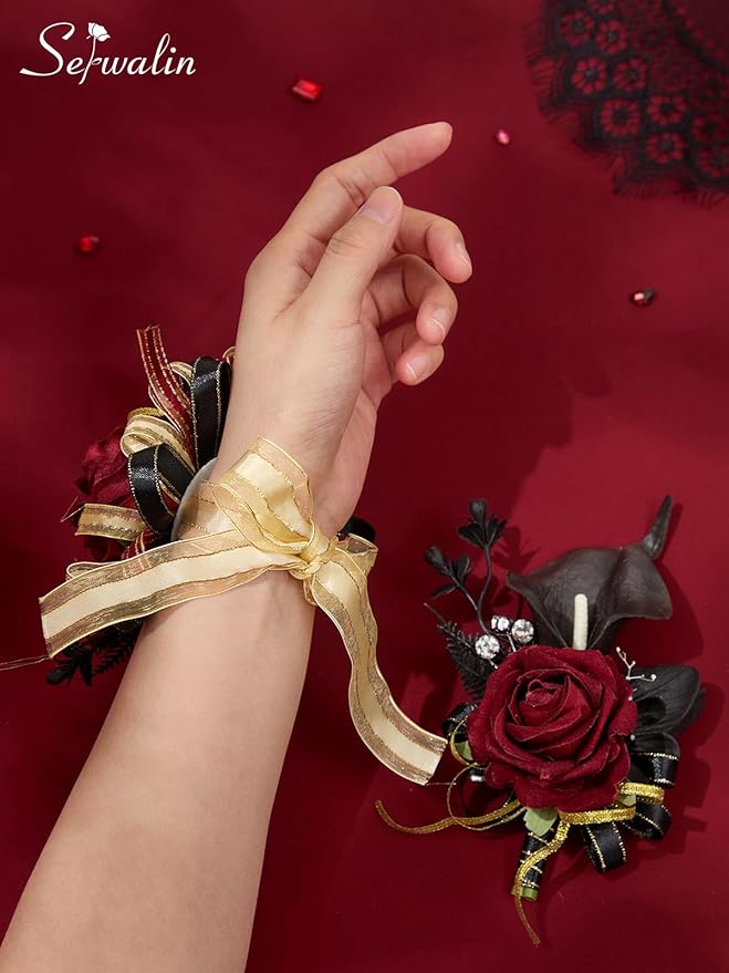 Serwalin Burgundy Prom Corsage and Boutonniere Set, Artificial Calla Lily Red Rose Wrist Corsage Wristlet for Homecoming, Formal Dance, Wedding Flowers Accessories Suit Decorations