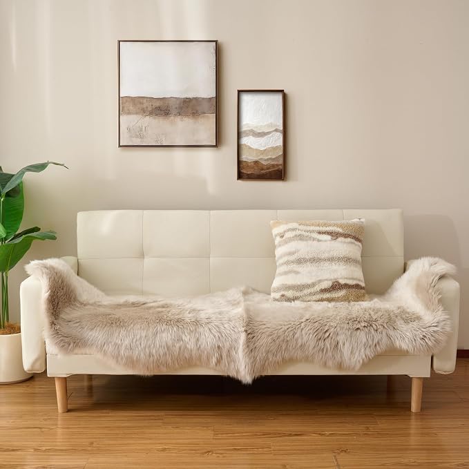 Premium Genuine Sheepskin Area Ruge - Real Wool Fur Shaggy Carpet | Fluffy Soft Natural Lambskin Rug Seat Chair Covers for Couch Sofa Bedroom Living Room(Beige,2×6 Feet Sheepskin)