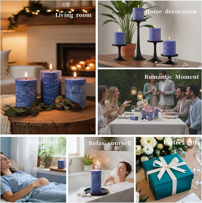 6 Pack Blue Soy Pillar Candles, 2.8x6 in Natural Unscented Soy Wax Candles, 540 H Burn Time, Non-Toxic, Smokeless Dripless Hand-Poured Rustic Pillar Candle for Dinner, Wedding, Home, Bathroom
