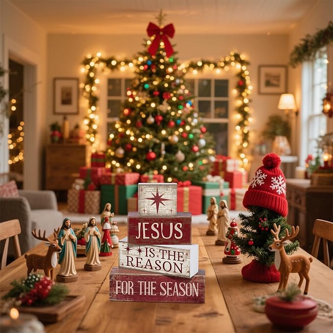 Lineshading 4 Pcs Christmas Table Decoration Jesus Decor Christmas Tiered Tray Decor Christian Centerpiece Decorative Jesus Block Signs Gift Farmhouse for Religious Home Office Tabletop Kitchen Office