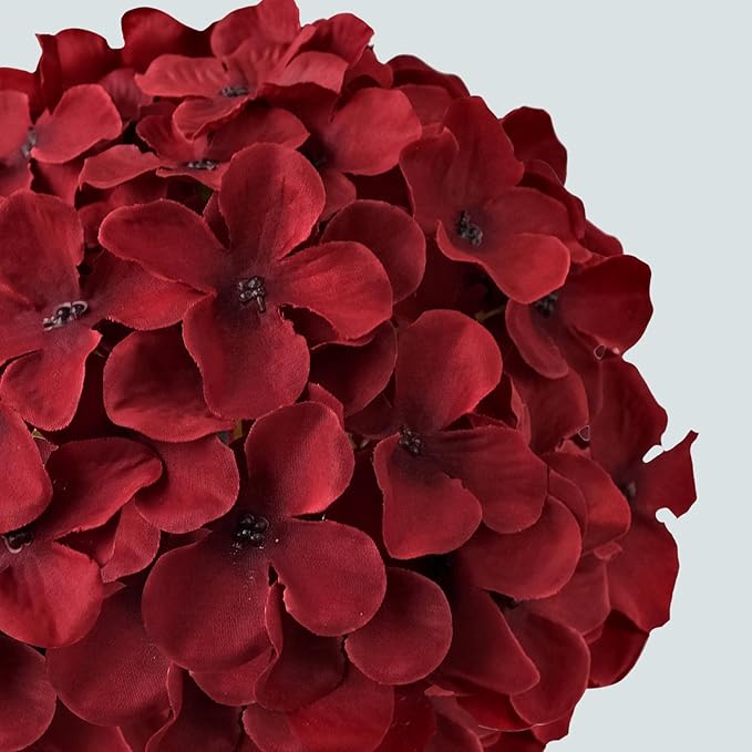 JINWOE Red Christmas Flowers Silk Hydrangea Artificial Flowers, 5Pcs 20Inch Large Lifelike Flowers,Halloween Artificial Hydrangeas for Bouquet Table Centerpieces Floral Arrangements Home Wedding