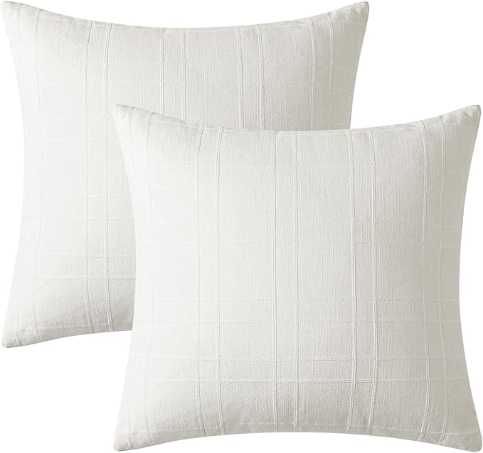MIULEE Decorative Linen Check Euro Shams Throw Pillow Covers Neutral Farmhouse Vintage Pillow Covers 24x24 Set of 2 Boho Modern Home Decor for Sofa Couch Bedroom Cushion Cream White