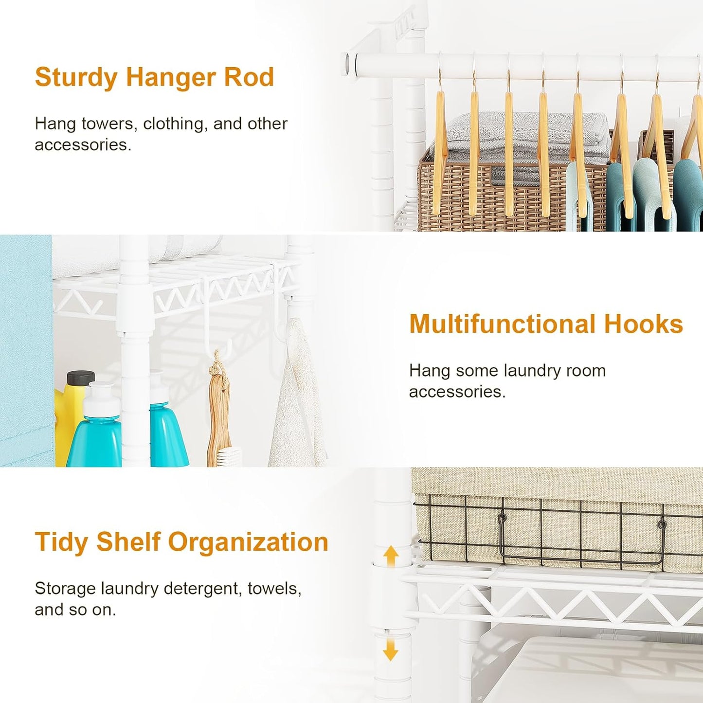 U14 Over Washer and Dryer Storage Shelves, 4 Tiers Laundry Room Storage and Organizer System, Space Saving Clothes Drying Rack with 2 Clothes Hanger Rods, 66.5" W x 20.5" D x 77.4" H, White