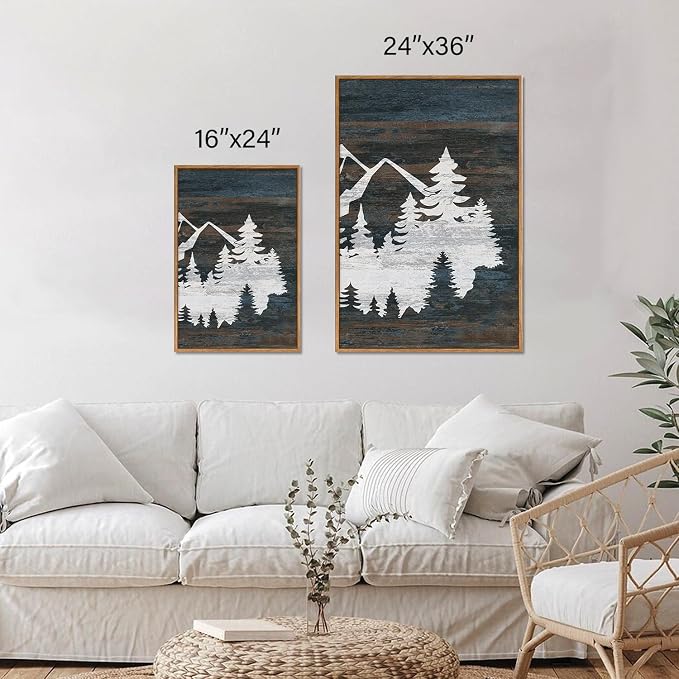 Rantodecor Vintage Mountain Framed Canvas Wall Art, White Snowy Nature Landscape Wall Decor, Rustic Wilderness Forest Art Paintings, Modern Farmhouse Artwork for Bedroom Living Room Office 24"x36"x3