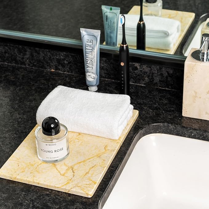Koville Natural Marble Cutting Board for Kitchen Pastry Bread, 12" x 8" Genuine Marble Cheese Board Stone Tray for Counter, Stone Cutting Boards Bathroom Perfume Jewelry Tray for Decor(Yellow)