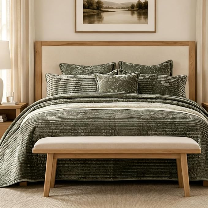 Luxury Velvet Oversized King 120x128 in Quilt Set 3 Piece Quilted Bedspread with 2Pillow Shams(20x36) Ultra Soft Coverlet All Season Bedding for Farmhouse Modern Bedroom Sofa,Army Green