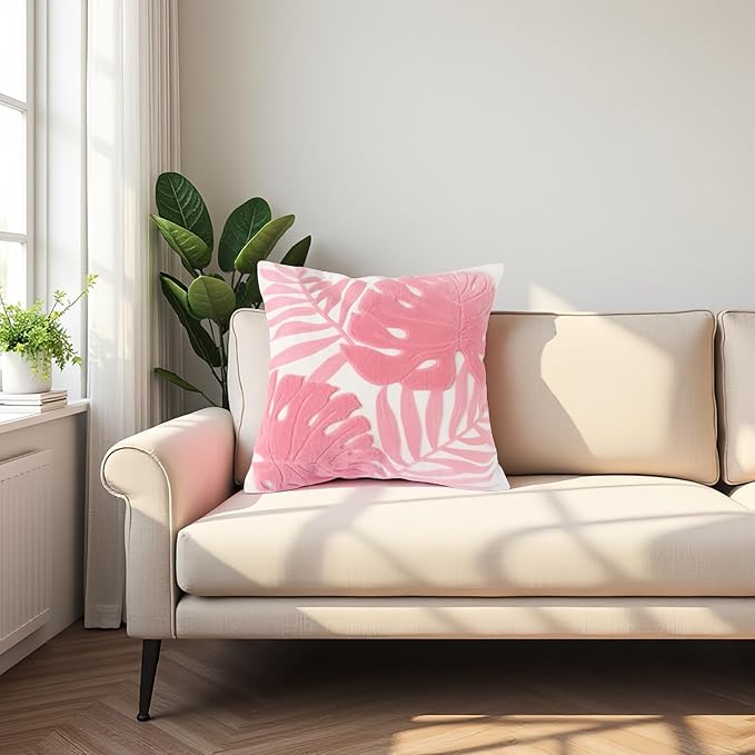 Embroidery Throw Pillow Cover 18x18 Home Decor Floor Pillow Cover for Couch Sofa Chair 100% Cotton Loop Embroidered Pink Tropical Leaves Cushion Cover Square Pillowcase 45x45cm, 1 Piece