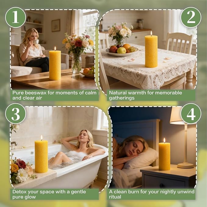 4 Pack Large Beeswax Pillar Candles, 2.8x8 Inch Pure Natural Beeswax Candles 200 Hours Emergency Candle, Organic Unscented Bees Wax Candles for Home, Paryer, Party