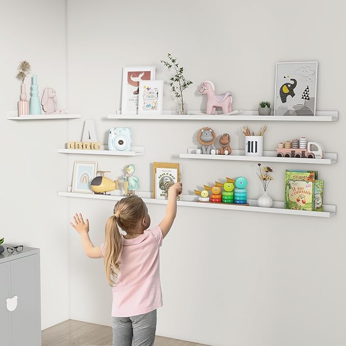 Picture Ledge Shelf, Floating Shelves Set of 2, 72 Inches Long Large Nursery Book Shelves for Toys Storage, Kids Bookshelf Wall Mounted for Living Room Bedroom Decor Books Photo Frames, White
