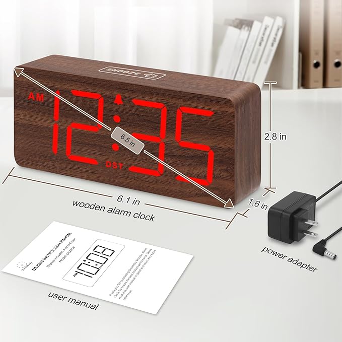 DreamSky Wooden Digital Alarm Clock for Bedroom - Desk Clocks with Large Numbers for Living Room, Office, Dimmer, Loud Alarm for Heavy Sleepers with Volume Control, DST, Wood Decor (Plug in Clock)