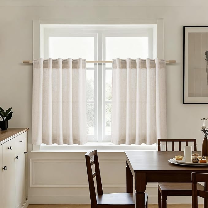Nanspring 30 Inch Beige Curtains for Kitchen Linen Blend Rustic Farmhouse Short Curtain Back Tab and Rod Pocket Semi Sheer Curtains for Cafe Bathroom Small Window 26 x 30 Inch, 2 Panels