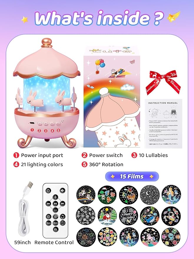 One Fire Princess Gifts for Girls Toys, 15 Music+15 Films+315 Colors Night Light Projector, 360°+Remote+Cordless Star Projector for Kids, Mermaid Gifts for Girls Room Decor, Pink Baby Toddler Toys
