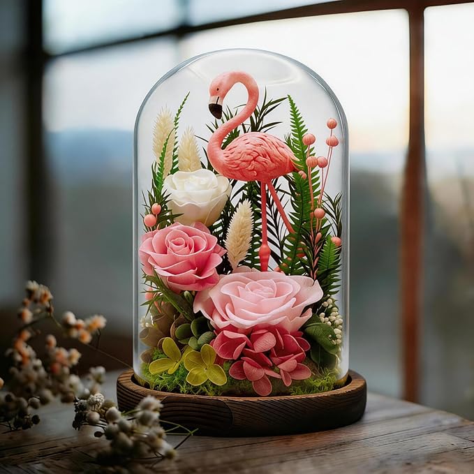 Eternal Flowers with Flamingo-Big Flower Big Love-Valentines Day Gifts for Her Mom Wife - Forever Flower in Glass Dome-Flowers for Delivery Prime | for Anniversary Birthday Mothers Day (Pink)