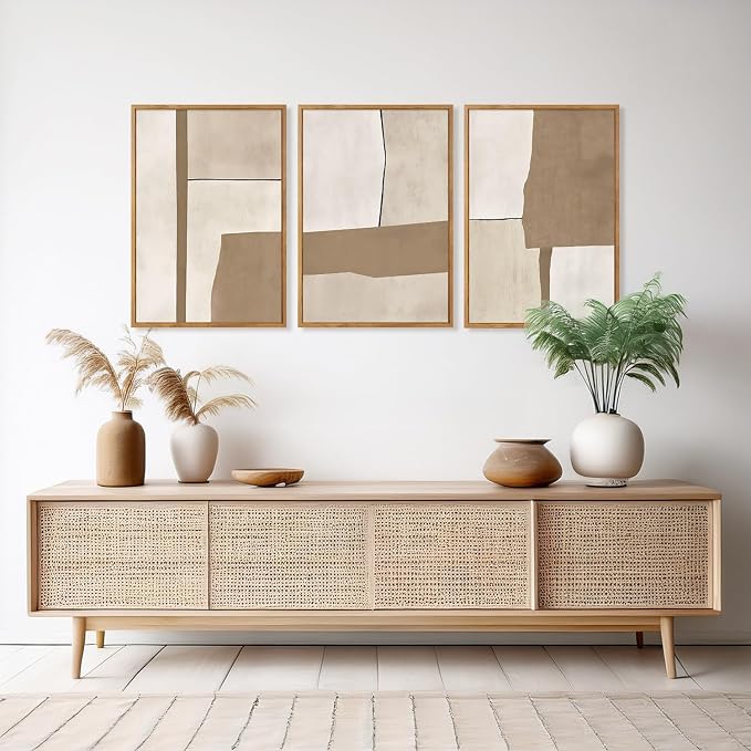 HOURIA 3Pcs Framed Boho Abstract Geometric Canvas Wall Art (16"x24"), Vintage Mid Century Modern Earth Tone Wall Decor, Minimalist Neutral Illustration Art Print for Office Living Room Bedroom