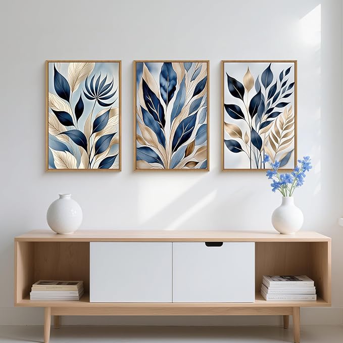 HPNIUB Blue Botanical Leaf Framed Wall Art Set,Modern Natural Blue and Gold Plant Wall Decor,Abstract Boho Minimalist Rustic Floral Leaves Artwork for Living Room, Bedroom,Office-24''x36''x3