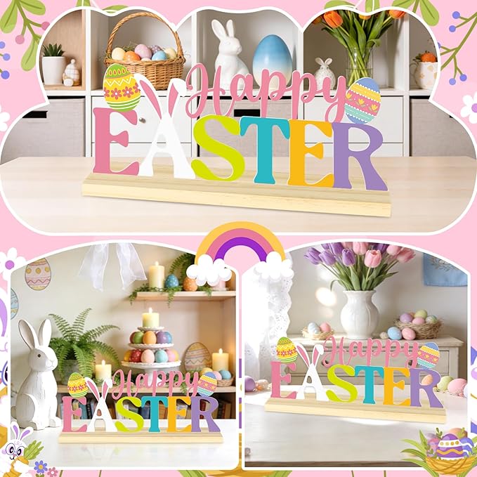 Happy Easter Metal Table Sign, Easter Table Decoration Centerpiece, Metal Letter Sign with Wooden Base,Colorful Spring Tabletop Decor for Home, Office, Shelf, Mantel, Indoor