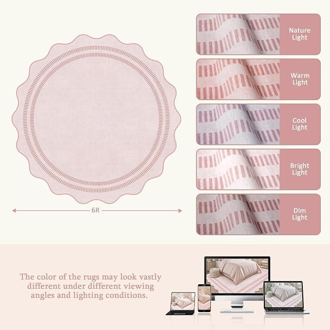 Washable 6ft Area Rugs for Living Room, Solid Pink Non Slip Rugs for Bedroom Girls, Stain Resistant Scalloped Soft Carpet for Nursery Dorm Dining Room