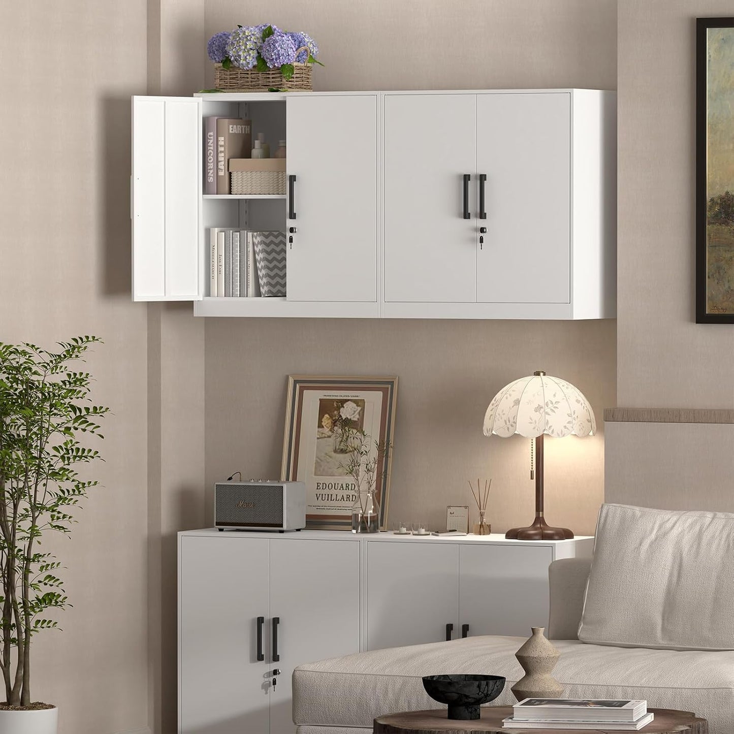 Wall Cabinet,Lockable Storage Cabinets with Adjustable Shelf,Locking Wall Storage Cabinet with Doors for Laundry Room,Home Office,White