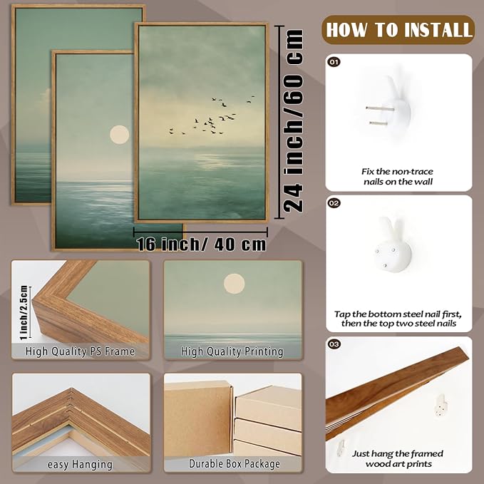QTUSYUR Japandi Wall Art - Large Farmed Minimalist Sage Green Sunset Art Print - Abstract Calm Seascape Artwork for Bedroom Yoga Room - Scandinavian Zen Peaceful Wall Picture for Home Decor 16”×24”×3