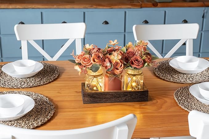 Mkono Mason Jar Lights Centerpiece Table Decorations for Dining Room Farmhouse Coffee Table Decor Tray with 3 Jars Flowers Centerpieces Valentines Day Decor for Kitchen Living Dining Room, Orange