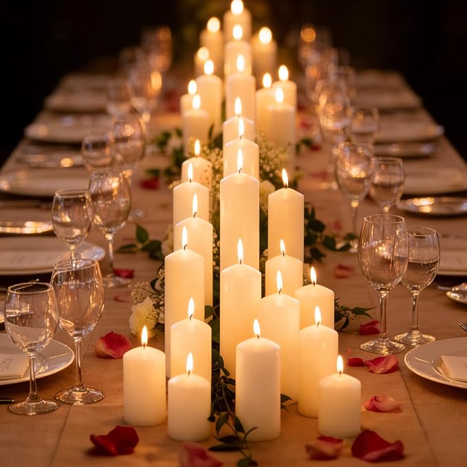 Ivory Pillar Candles Bulk Set of 18,3 Different Lengths 2 x 3/6/8 Inch (6 Each),Hurricane Candles,Dripless Unscented Smokeless,Gives You a Better Atmosphere When Organizing an Event Party.