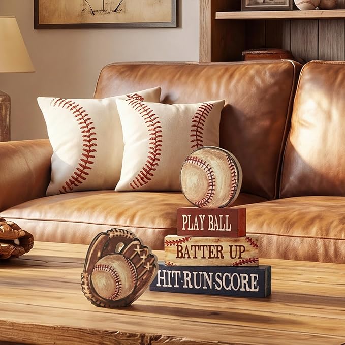 Smile Wooden Indoor Decor Baseball Block Sign - "Take Me Out to the Ball Game" Stacked Decor for Home & Sports Fans