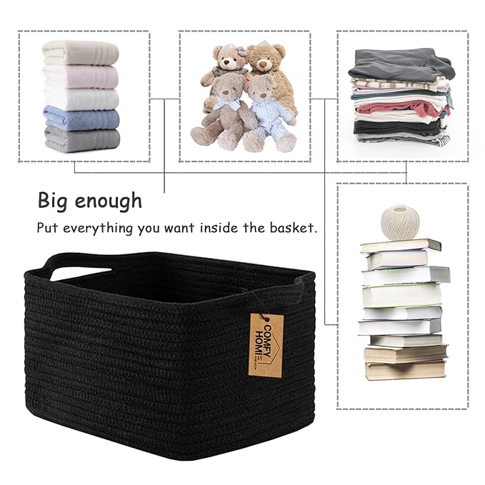 COMFY-HOMI 3PACK Cotton Rope Woven Basket With Handles for Shelves, Toy, Book, Cloth Storage Basket for Organizing|13.5" x 11" x 9.5" For Living Room(all Black)
