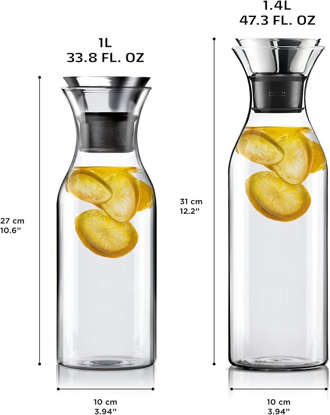 EVA SOLO | Fridge Carafe 1.0L | For Hot & Cold Drinks | 100% drip-free | Dishwasher-safe Borosilicate Glass | Stainless steel & Silicone Pouring Lip | Fits Most Refrigerator Doors | Danish Design
