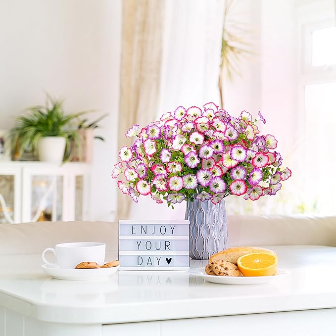 Hrobek Artificial Flowers for Outdoor Spring Summer Decoration, 10 Bundles Fake Plastic Flower Plant, Faux Colorful Silk Morning Glory Eucalyptus for Outside Garden Porch Front Door Decor, Pink White