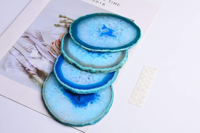 AMOYSTONE 4pcs Agate Gemstone Coasters Cup Holders Drinks Stone Mat Light Blue 4-5" with Rubber Bumper