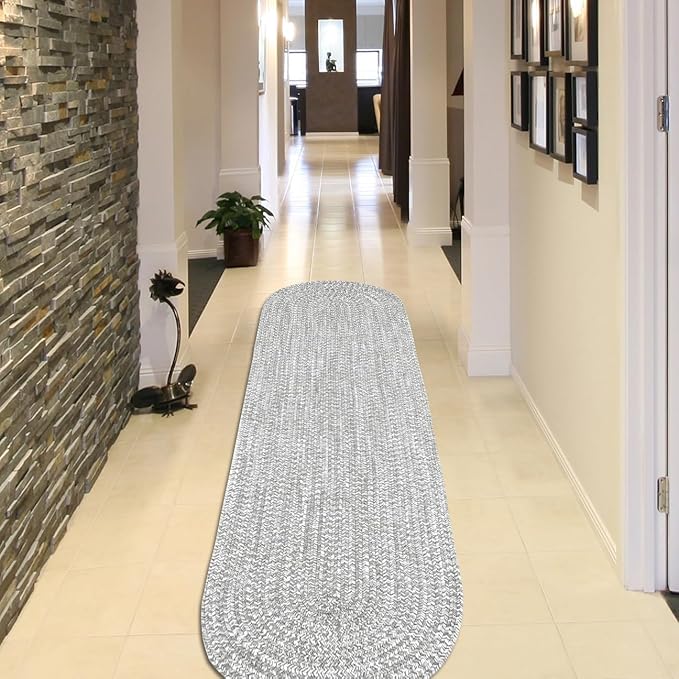 Superior Indoor/Outdoor Runner Rug, Dual-Tone Reversible Braided Floor Decor for Patio, Front Porch, Entryway, Living Room, Office, Nursery, Artistic Home, 2' x 8' Oval, Canvas-White
