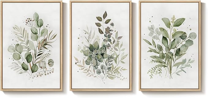 Framed Botanical Wall Art for Living Room, 3 Piece Neutral Sage Green Eucalyptus Leaf Canvas Prints, Modern Minimalist Watercolor Plant Pictures for Dining Room Bedroom Office Wall Decor, 16x24 inch