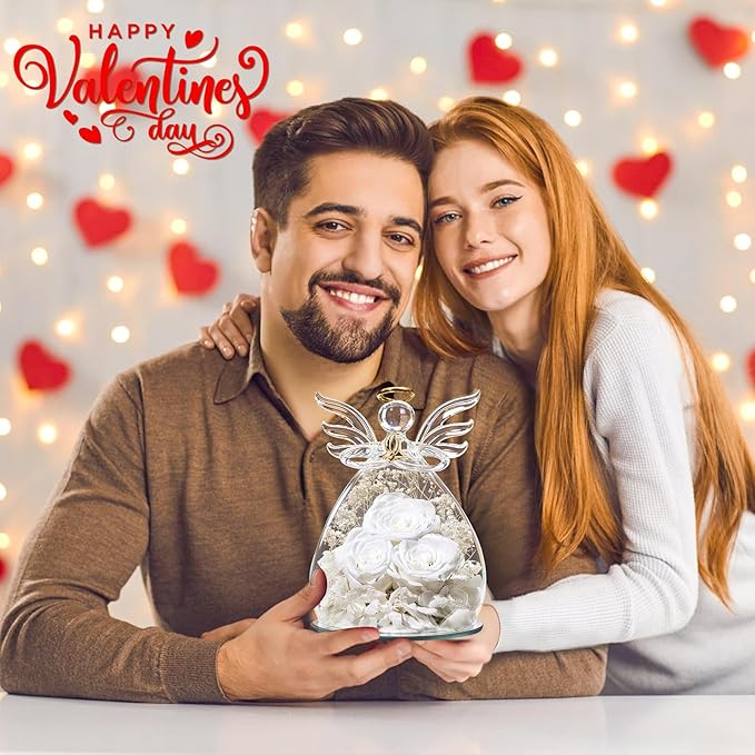 Beferr Mothers Day Mom Birthday Gifts for Women, Fresh Flowers for Delivery Forever Preserved Rose in Glass Angel Figurine, Anniversary Christian Real Rose for Grandma Nana Wife Mum from Daughter Son